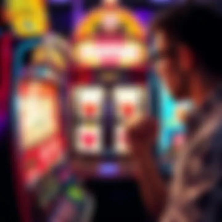 A player reacts with disappointment at a slot machine showing four scatter symbols but no winnings.