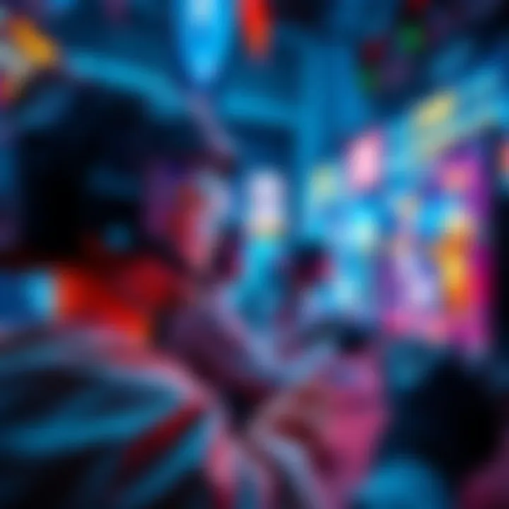A gamer focused on screen while battling PokeHer bots in an action-packed scene, showcasing a vibrant gaming setup with colorful visuals.