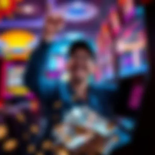 A happy player celebrating a big win at a gaming machine with cash and coins around them