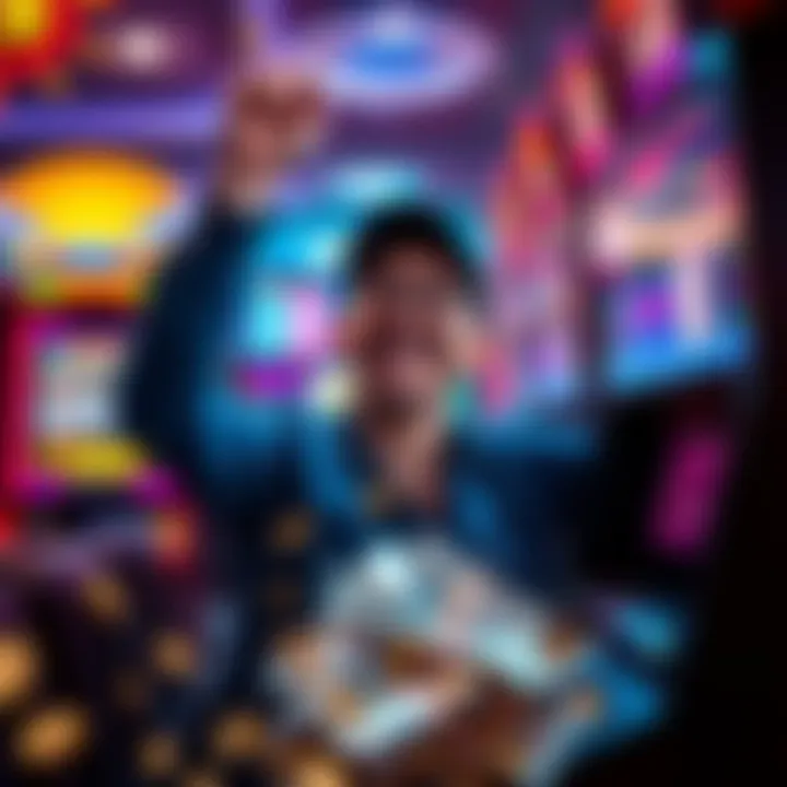Player Celebrating Big Win A happy player celebrating a big win at a gaming machine with cash and coins around them