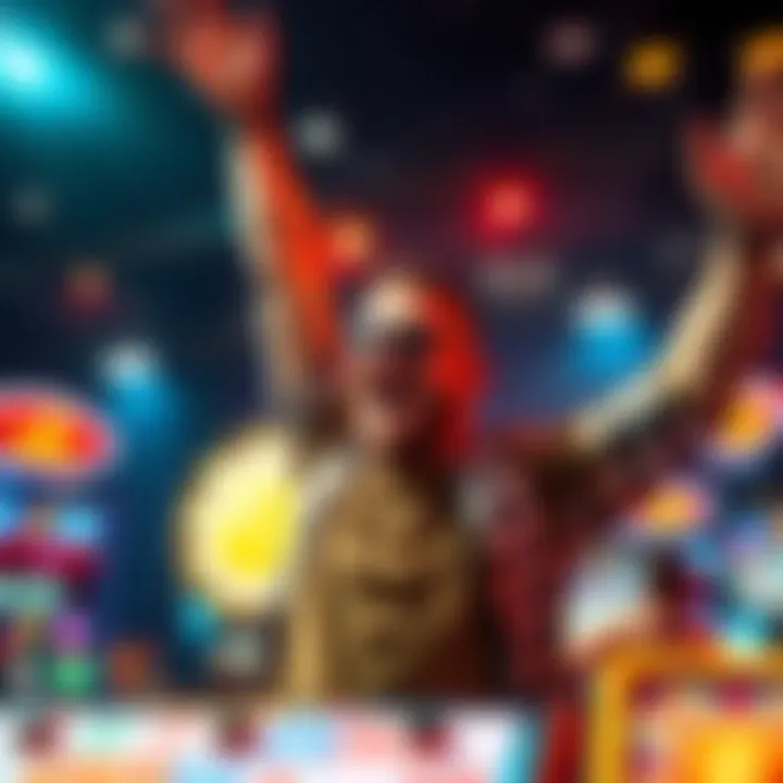 A joyful player celebrating with arms raised after hitting two high scores of 1,000x in gaming, surrounded by flashing lights and a vibrant atmosphere.