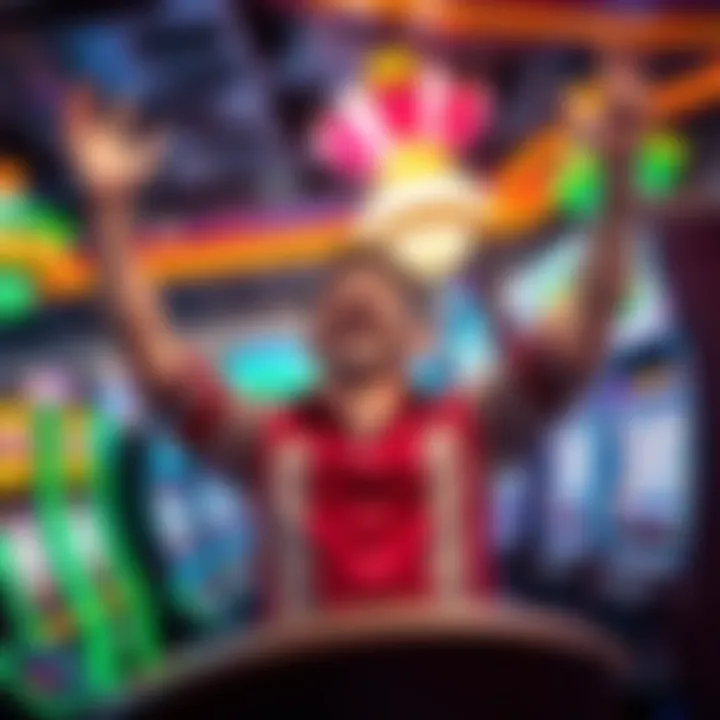A joyful player with raised arms celebrating a big win while playing a slot machine, with colorful lights and jackpot graphics in the background