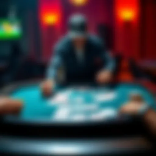 Player at a card table A person standing at a card table with cards spread out, showing a mix of winning and losing hands