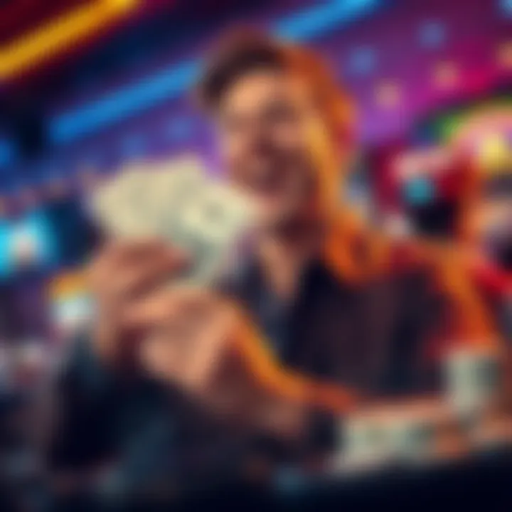 Player celebrating a cash win A happy player holding cash after turning a $100 stake into $500 from gambling.