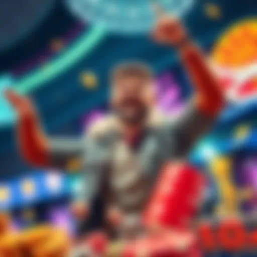 A joyful player celebrating after winning $10,000 at an online casino, surrounded by colorful game graphics and bright lights.