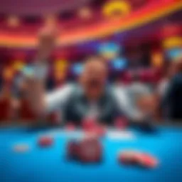 A player excitedly celebrating a win at a 2 Card $100 Blazing 7s Bonus table with chips piled high and cards visible, showing a Natural 9 and the atmosphere of a high-stakes game.