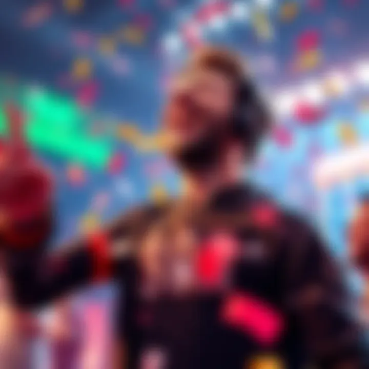 Player celebrating 302 wins A player joyfully celebrating after achieving 302 wins in a game, with confetti falling around them.