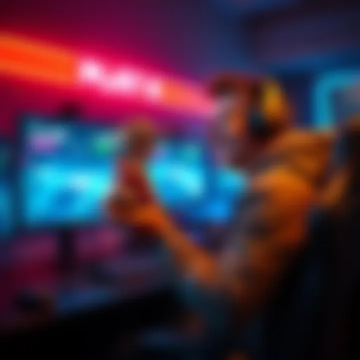 A gamer with a joyful expression, holding a trophy and wearing headphones, sitting at a gaming desk with screens displaying game stats