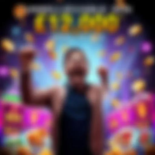 A thrilled player celebrating after winning £12,000 from a small 60p bet, surrounded by colorful game graphics and jackpot symbols.