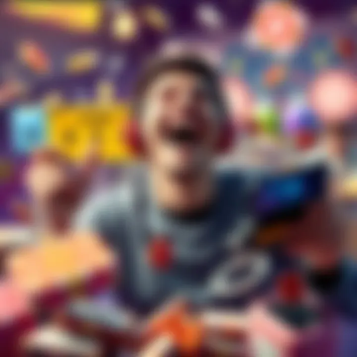 A joyful gamer surrounded by game icons and cash, celebrating a surprise bonus