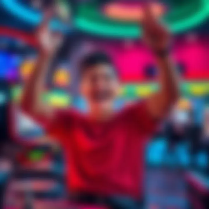 A player joyfully celebrating their rise to platinum rank in a gaming platform, with a vibrant gaming setup visible in the background.