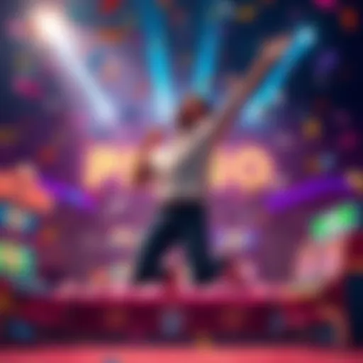 A thrilled player jumping in excitement after winning big on Plinko, surrounded by colorful game graphics and confetti.