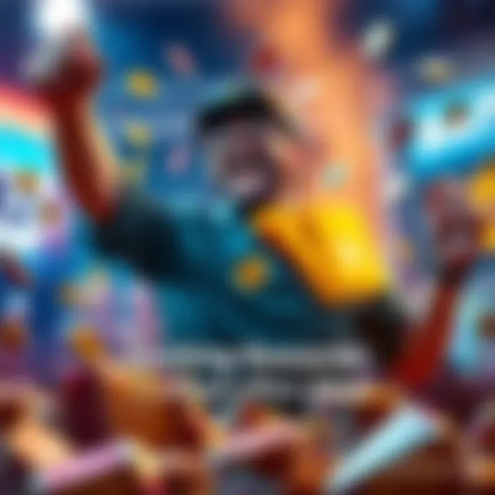 A player celebrates exciting rewards with cash bonuses and promotions displayed around them