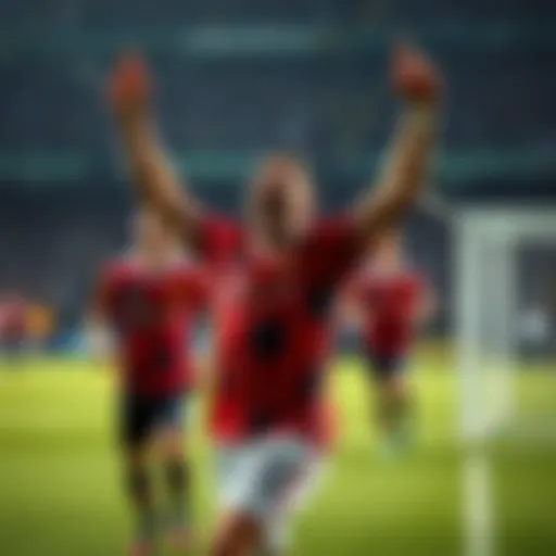 Soccer player with arms raised in celebration after scoring a goal, while teammates look on, during a match