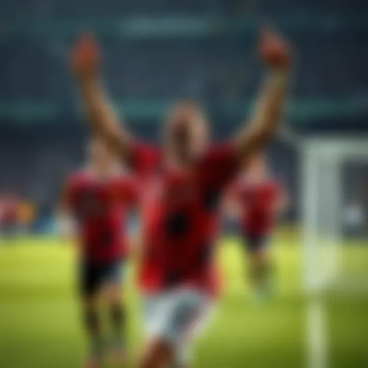 Soccer player with arms raised in celebration after scoring a goal, while teammates look on, during a match