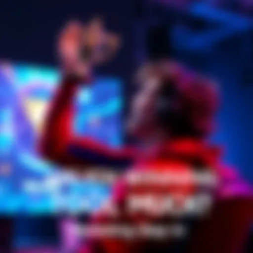 A gamer cheering after winning a match, with a trophy and glowing screen in the background