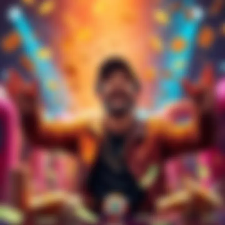 A person joyfully celebrating after winning $400 from a $5 fantasy entry, surrounded by gaming symbols and cash