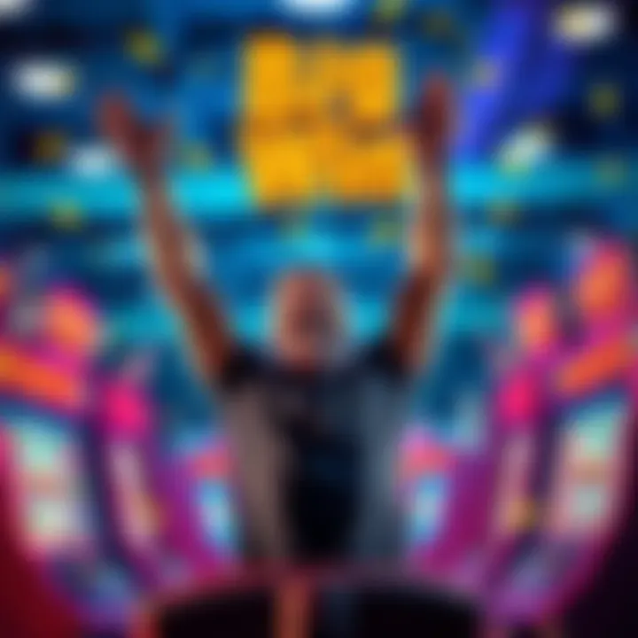 Player celebrating slot win A happy player celebrating a big win at the Sweet Bonanza and Huff N Puff slot machines with arms raised in excitement.