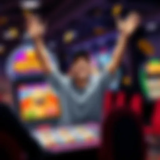 A happy player with arms raised in excitement after winning at a gaming table, showing a gaming interface with moles and mines, surrounded by colorful graphics and coins.