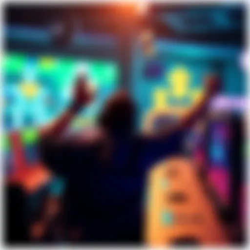 A joyful gamer with hands raised in victory at a gaming console after achieving a high score