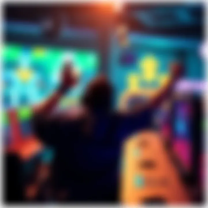 A joyful gamer with hands raised in victory at a gaming console after achieving a high score