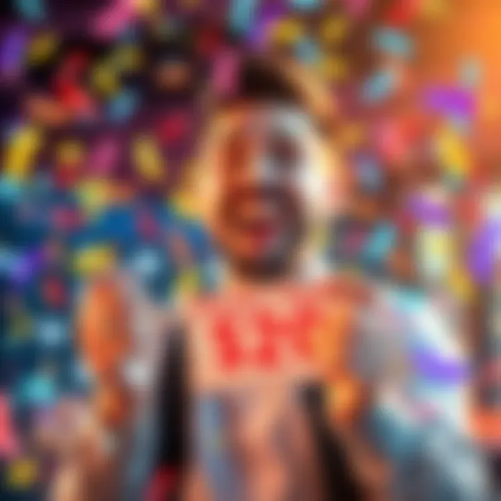 A joyful player holding a winning ticket with a big smile, surrounded by colorful confetti