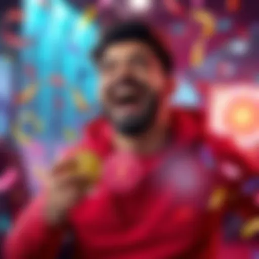 Player celebrating a win A thrilled player celebrating a big win with a smile, showing two challenge rewards, surrounded by colorful confetti and lights.