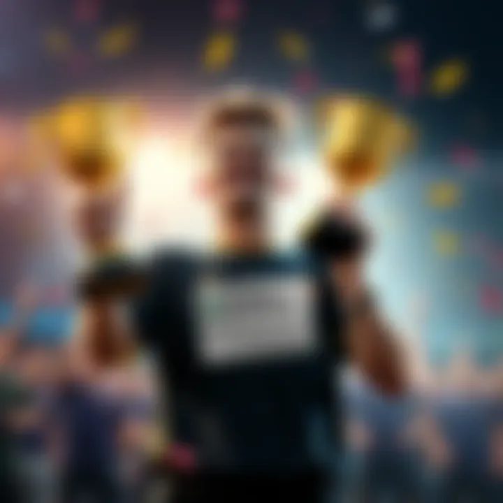 A player joyfully celebrating their victory, holding a trophy with a disappointed expression showing an account suspension notice, symbolizing mixed emotions.