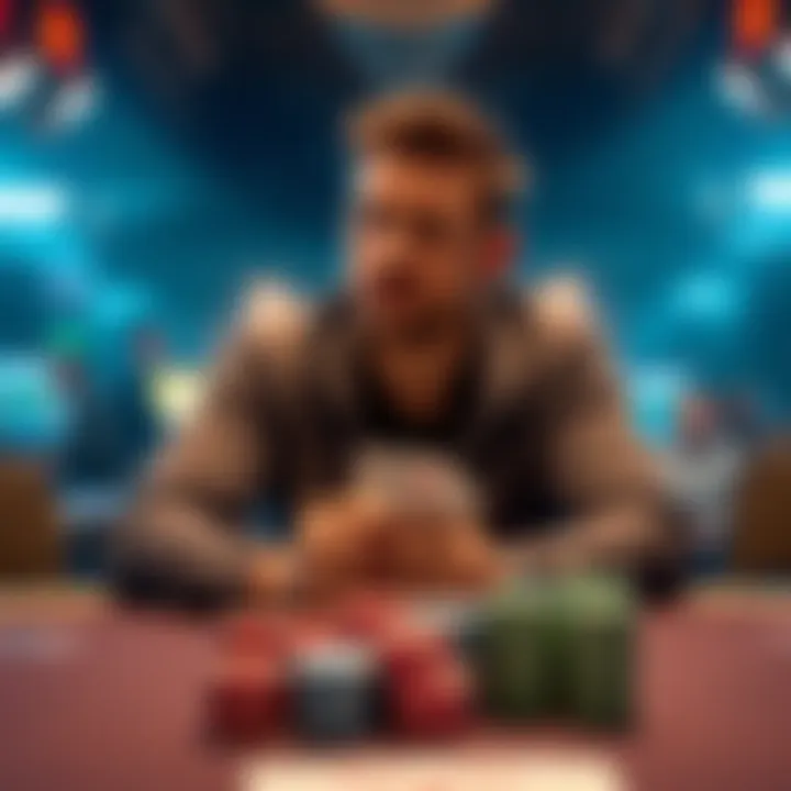 A poker player sitting at a table, looking thoughtful, with cards in hand and chips stacked in front
