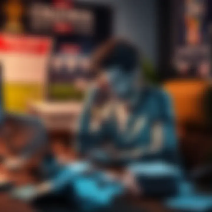 Player contemplating bonus bets A player sitting at a desk, looking at their laptop with a worried expression, surrounded by betting slips and a World Cup poster.