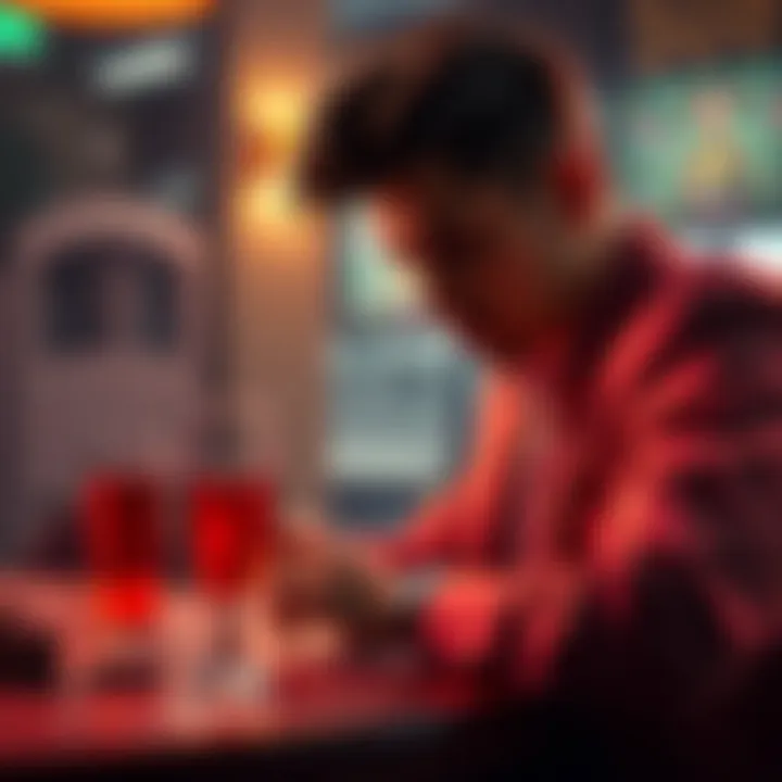 Player contemplating return to card house A thoughtful player looking at a deck of cards with a drink beside them, reflecting on a year away from the game.