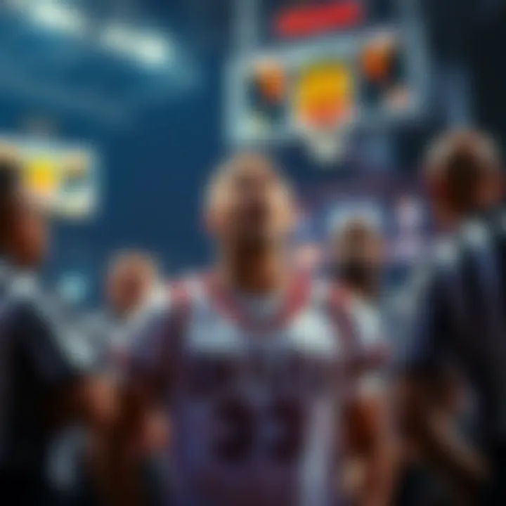 A player in a sports uniform appearing shocked after being ejected from the game, surrounded by teammates and officials, with the scoreboard showing a close game score, highlighting the dramatic momen...