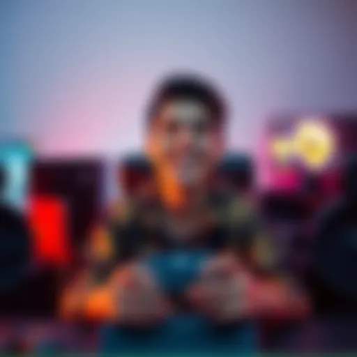 A gamer smiling, surrounded by video game consoles and controllers, ready to explore new games after a break.
