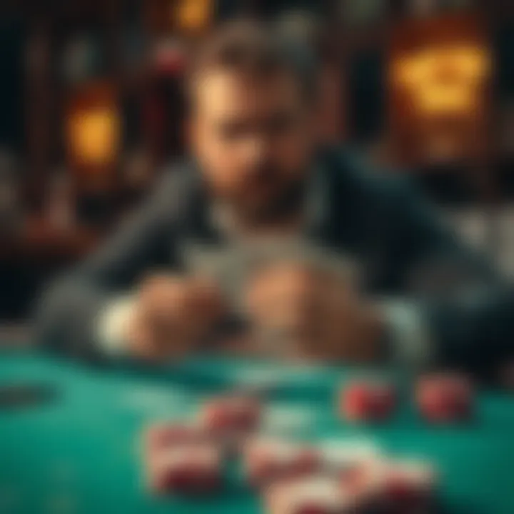 A confident player folding cards at a gaming table, showing determination to take risks instead of checking.