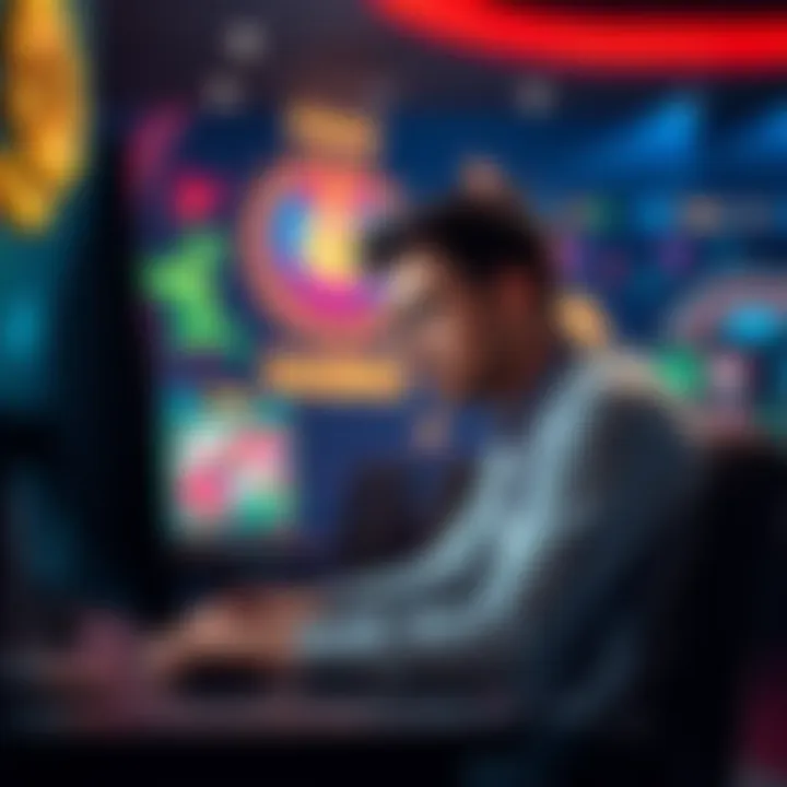 A player sitting at a computer, looking frustrated after a losing streak on a gaming site, with casino-themed graphics in the background.