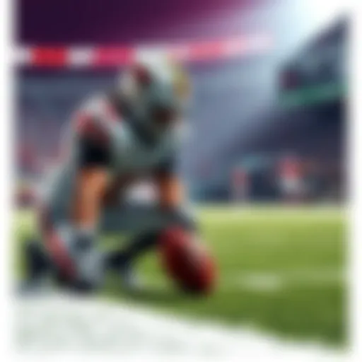 A football player drops the ball near the 1-yard line, looking distressed after a crucial fumble during the game.
