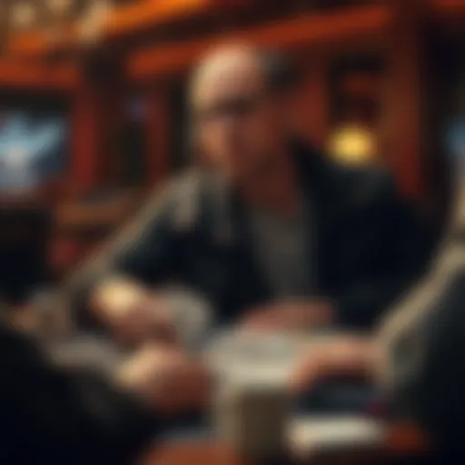 A player thoughtfully examining their cards at a gaming table, considering strategy and randomness.