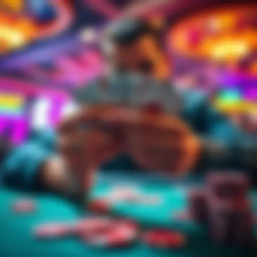 A close-up of a player holding poker cards at a table, with a focused expression, surrounded by chips and a vibrant casino atmosphere.