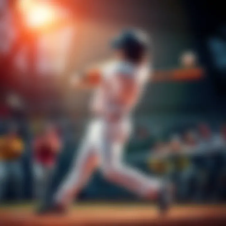 Player hitting a home run A baseball player swings a bat and hits a home run, ball flying into the air, cheering fans in the background