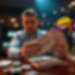 A person sits at a table, looking frustrated while holding a stack of unsuccessful $50 lottery tickets, contemplating their gambling choices.