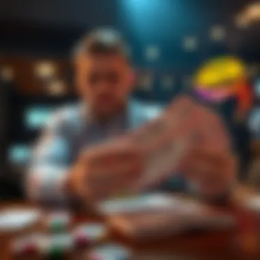 A person sits at a table, looking frustrated while holding a stack of unsuccessful $50 lottery tickets, contemplating their gambling choices.