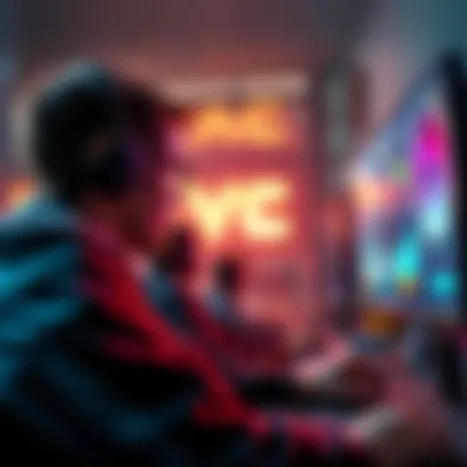 A focused gamer leveling up in a video game, with a bright screen showing achievement progress