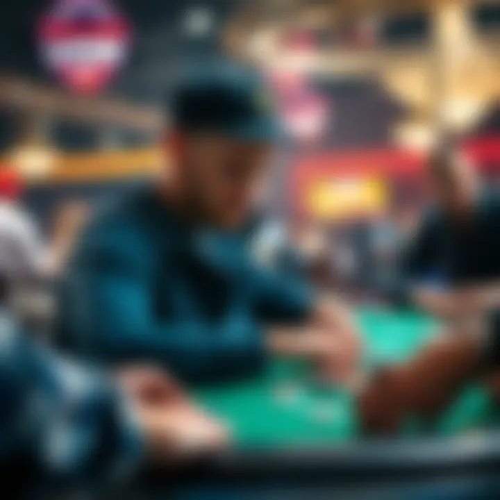 Player at a Live Poker Tournament A focused player sitting at a poker table during a live tournament, surrounded by cards and chips, showing intense concentration.