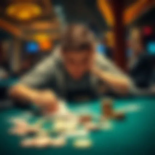 A novice player looking frustrated at a card table, with scattered chips and cards in front of them after losing money.