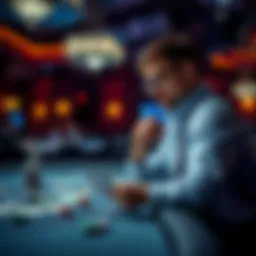 A focused player analyzing their bankroll and game strategy at a casino table, considering their next move with a thoughtful expression.