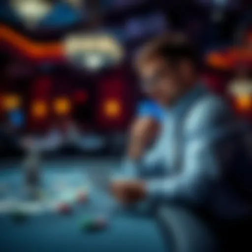 A focused player analyzing their bankroll and game strategy at a casino table, considering their next move with a thoughtful expression.