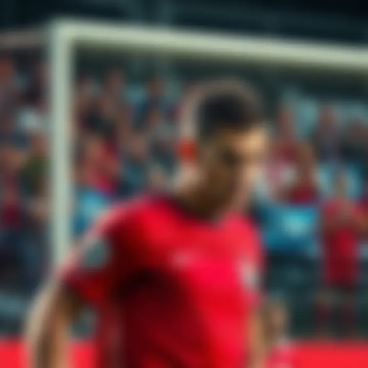 A soccer player looks disappointed after missing a penalty shot, with fans in the background showing frustration.