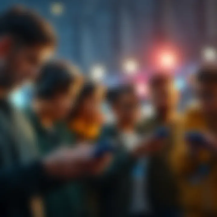 A group of players receiving notifications on their smartphones about event absences, with visible expressions of concern and discussion among them.