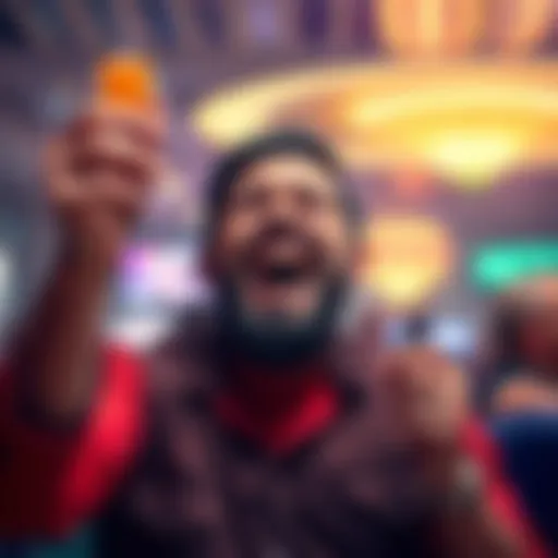A gambler holds up orange chips with a mixed expression of excitement and disappointment after losing a big game