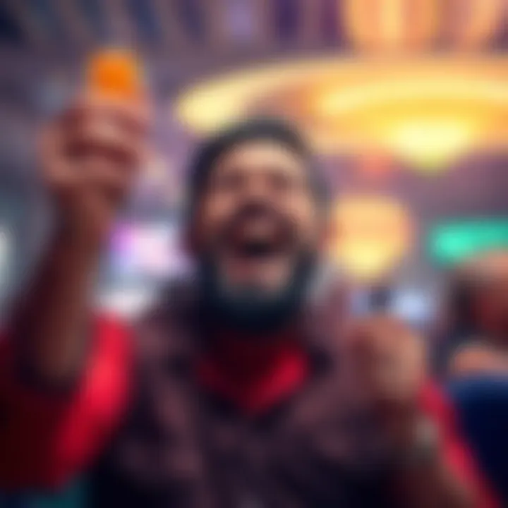 A gambler holds up orange chips with a mixed expression of excitement and disappointment after losing a big game